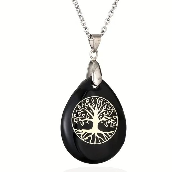 Black Obsidian Tree Of Life Natural Stones Necklace Gemstone Healing Pendant - Picture 2 of 2